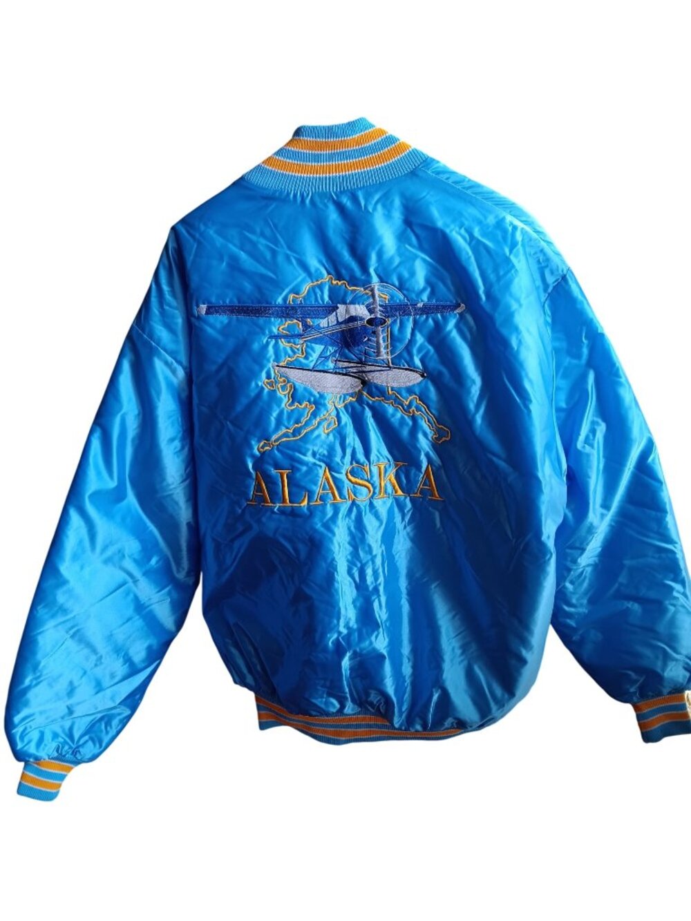 XL Vintage Alaska Bush Plane Pilot Bomber Jacket Puffer SatinDeLong Embroidery
